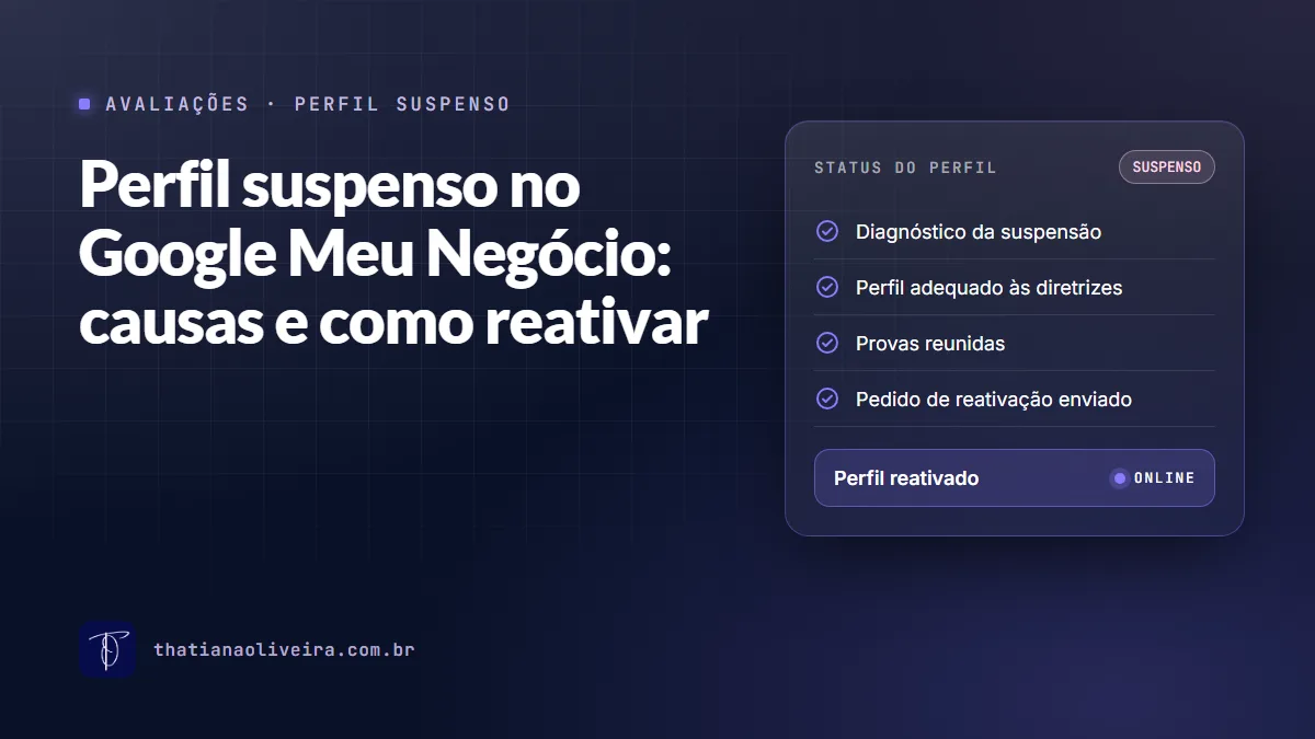 Arte do artigo: status do Perfil da Empresa no Google indo de suspenso para reativado