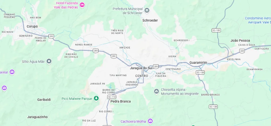 Mapa da área de atendimento: Jaraguá do Sul, Guaramirim, Schroeder e Corupá