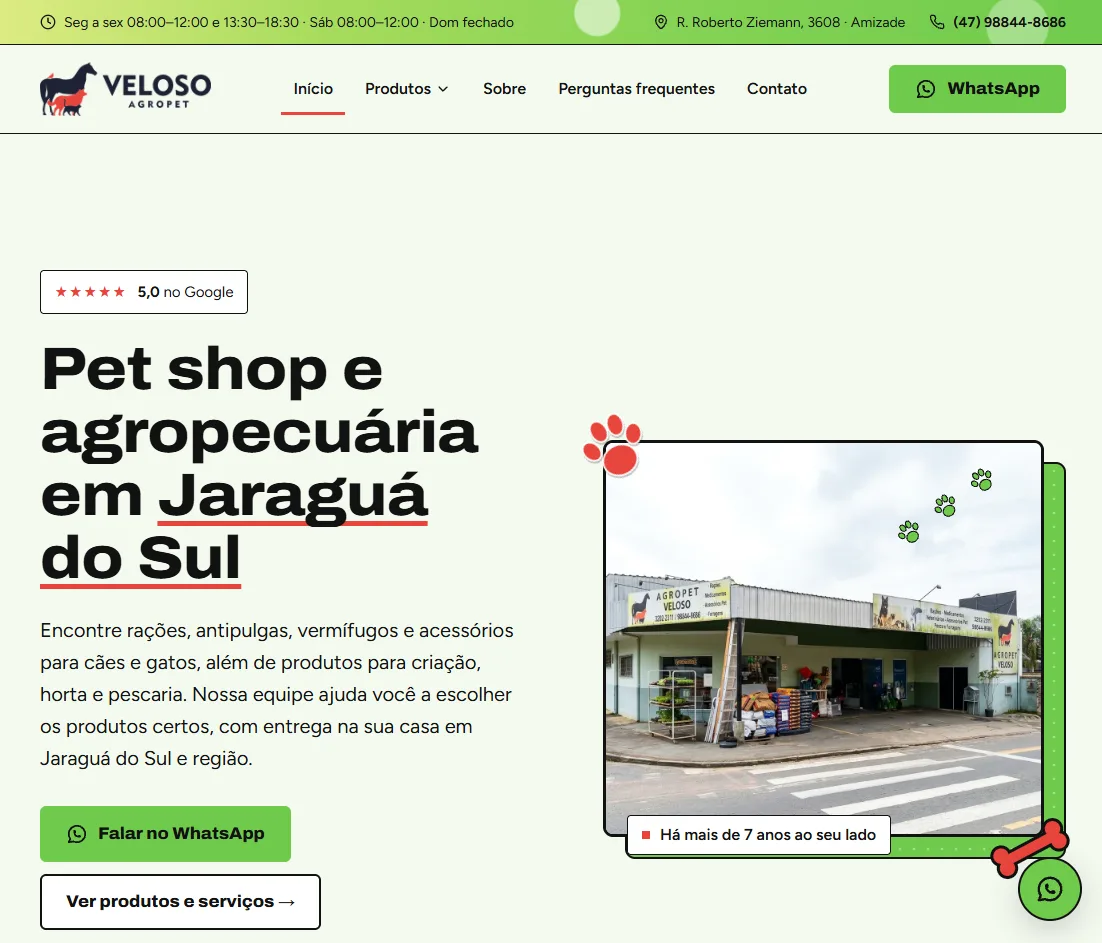 Página inicial do site Agropet Veloso